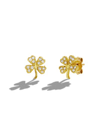 Mini Diamond Four-Leaf Clover Yellow Gold Stud Earrings