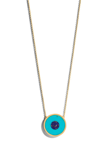 Turquoise Inlay with Lapis Center Evil Eye Yellow Gold Necklace