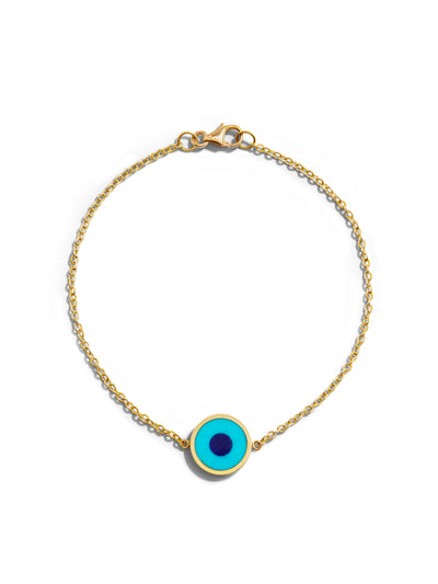 Mini Turquoise Lapis Inlay Evil Eye Yellow Gold Bracelet