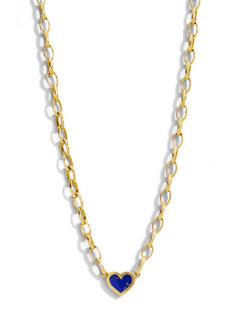 Lapis Inlay Heart on Small Edith Link Chain Yellow Gold Necklace