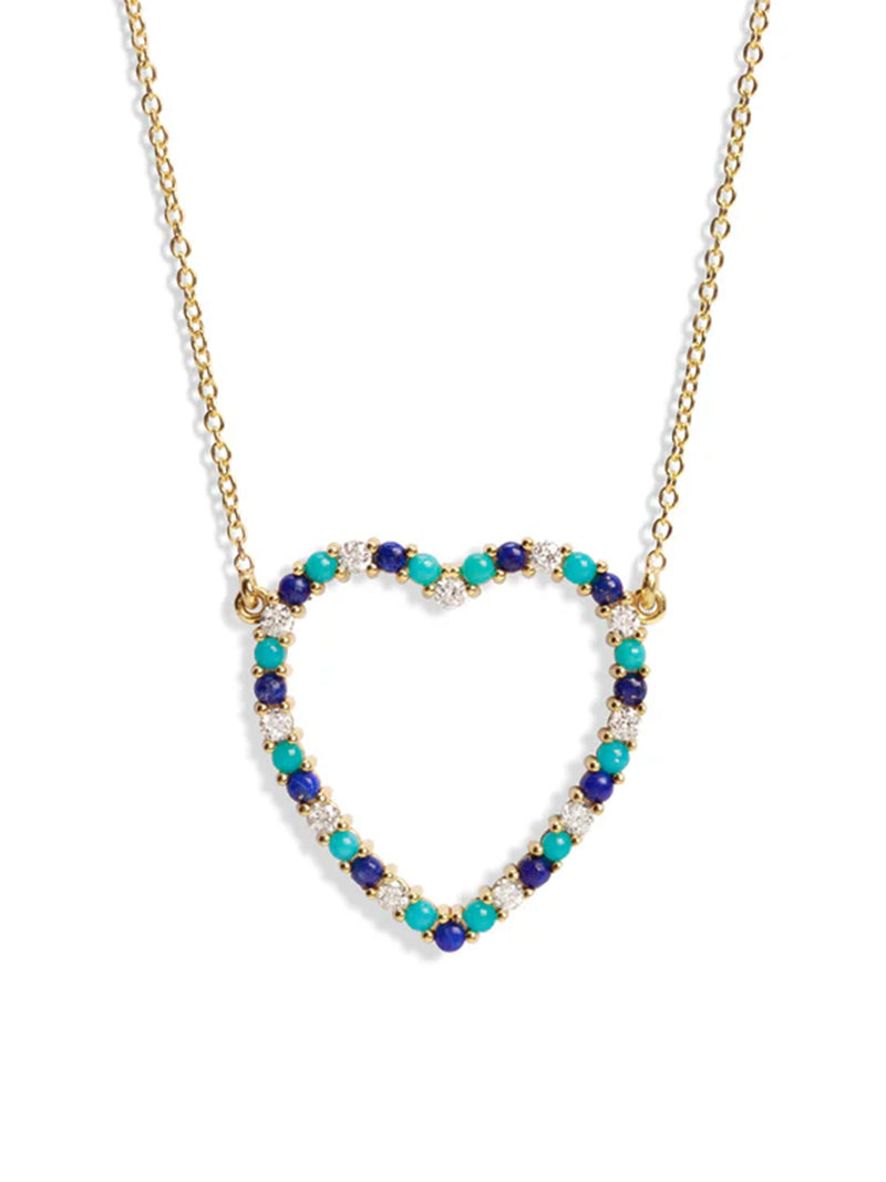 Large Diamond, Turquoise, & Lapis Open Heart Yellow Gold Necklace