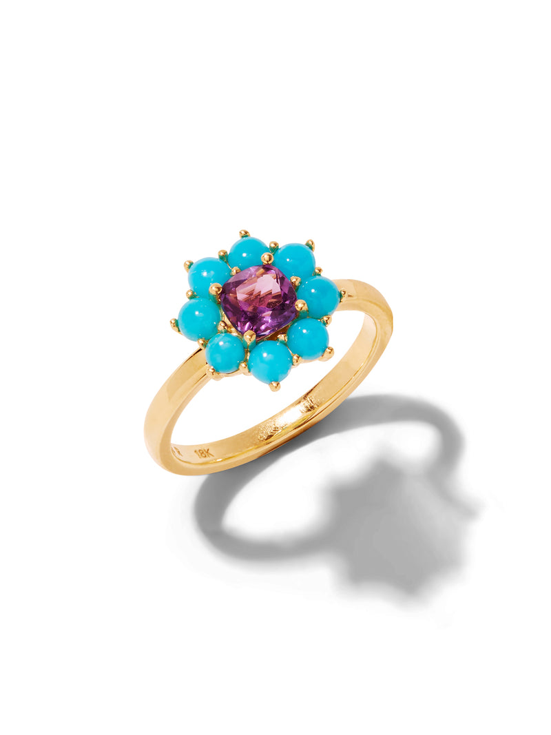 Turquoise & Amethyst Yellow Gold Flower Ring