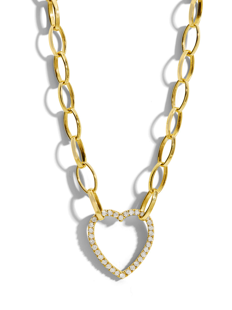 Large Diamond Open Heart on Medium Edith Link Chain Yellow Gold Necklace