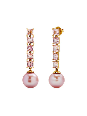 Padparadscha Pink Sapphire & Pearl Yellow Gold Earrings