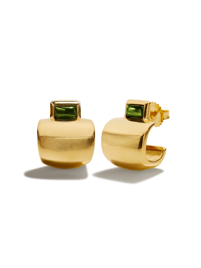 Green Tourmaline Cowbell Yellow Gold Earrings