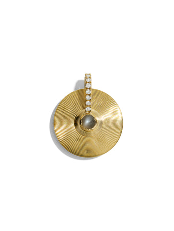 Small Grey Moonstone & Diamond Cymbal Yellow Gold Pendant