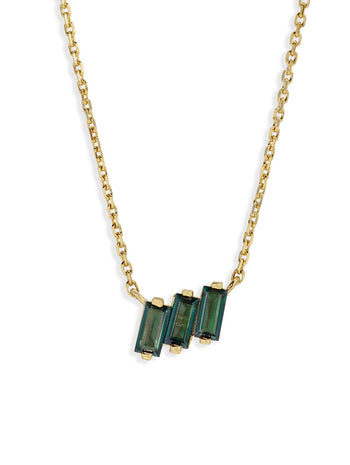 Three Baguette Green Envy Topaz Yellow Gold Necklace