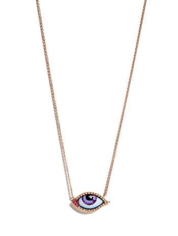 Petit Mauve Enamel, Ruby, and Diamond Evil Eye Rose Gold Necklace