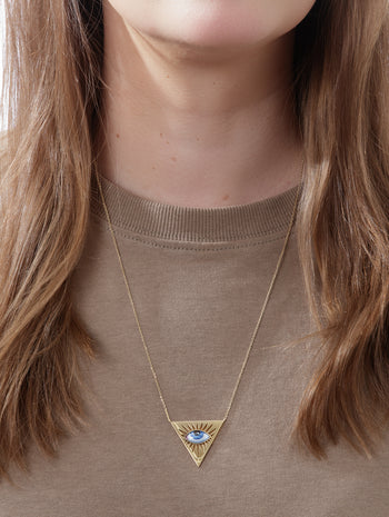 Small Blue Enamel Triangle Evil Eye Yellow Gold Necklace