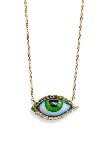 Petit Vert Diamond, Tsavorite, and Green Enamel Evil Eye Yellow Gold Necklace