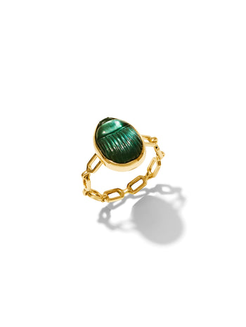 Gola Small Green Chalcedony Scarab Chain Yellow Gold Ring