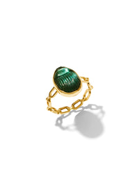 Gola Small Green Chalcedony Scarab Chain Yellow Gold Ring