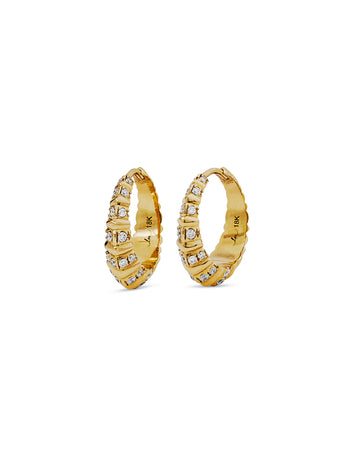 Large Pave Stripe Fluted Crescent Yellow Gold Hoop Earrings