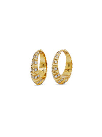 Large Pave Stripe Fluted Crescent Yellow Gold Hoop Earrings