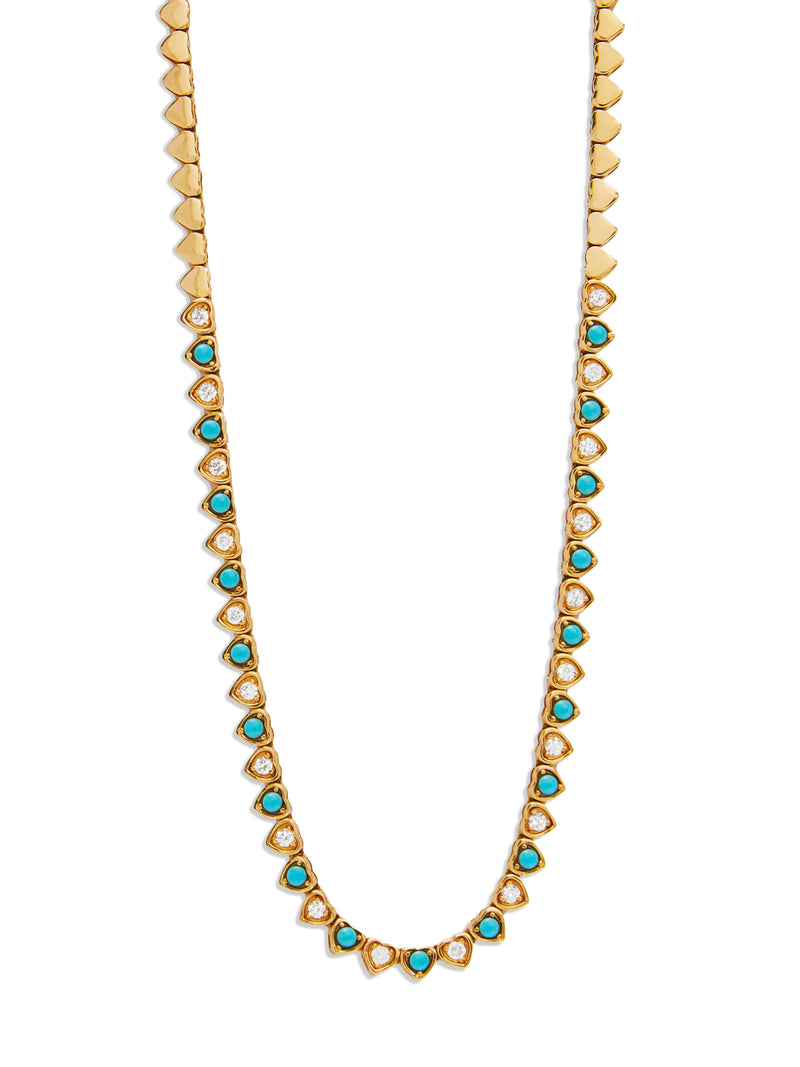 Diamond & Turquoise Heart Yellow Gold Tennis Necklace