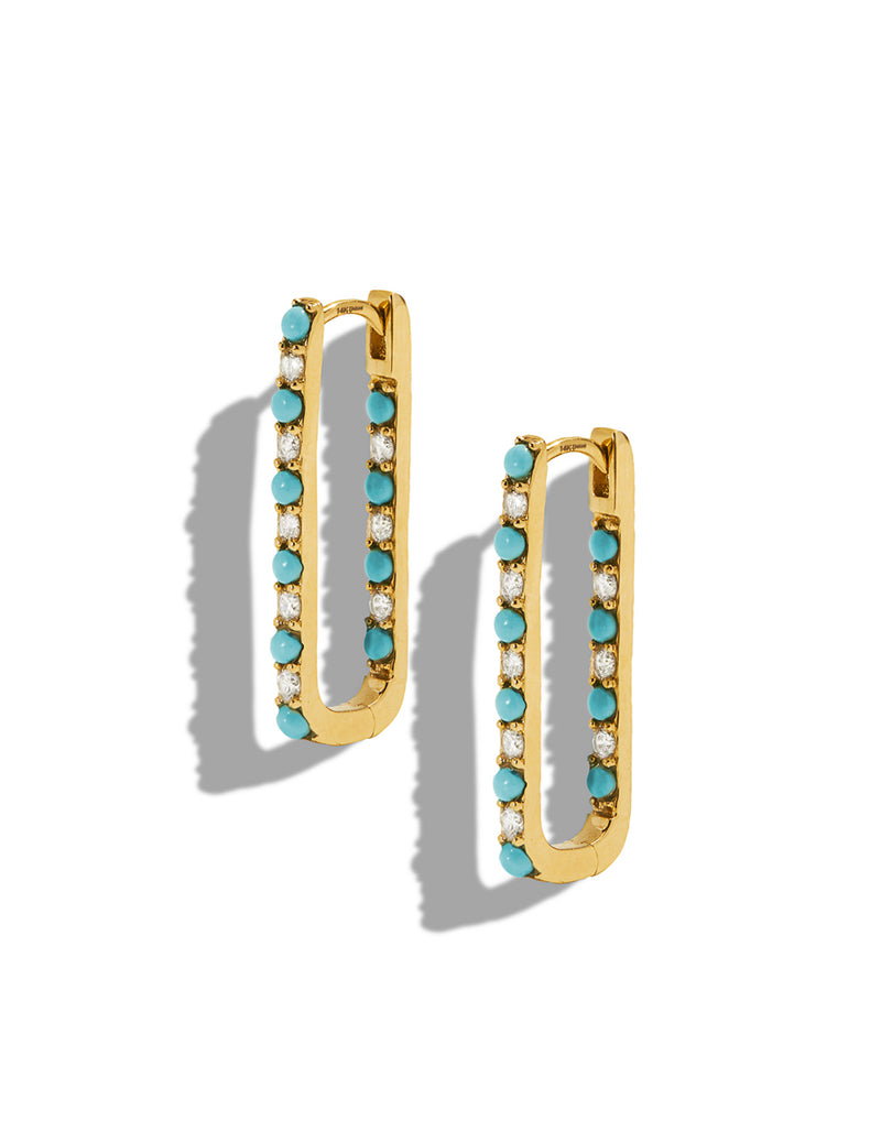 Diamond & Turquoise Large Paperclip Yellow Gold Hoop Earrings