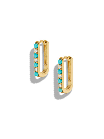 Diamond & Turquoise Small Paperclip Yellow Gold Hoop Earrings