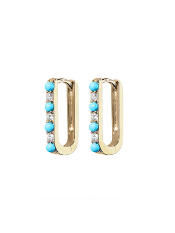 Diamond & Turquoise Small Paperclip Yellow Gold Hoop Earrings