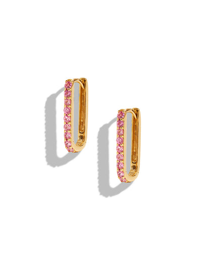 Pink Sapphire Small Paperclip Yellow Gold Hoop Earrings