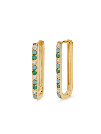 Diamond, Turquoise, & Emerald Large Paperclip Yellow Gold Hoop Earrings