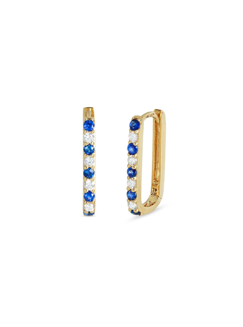 Diamond & Sapphire Small Paperclip Yellow Gold Hoop Earrings
