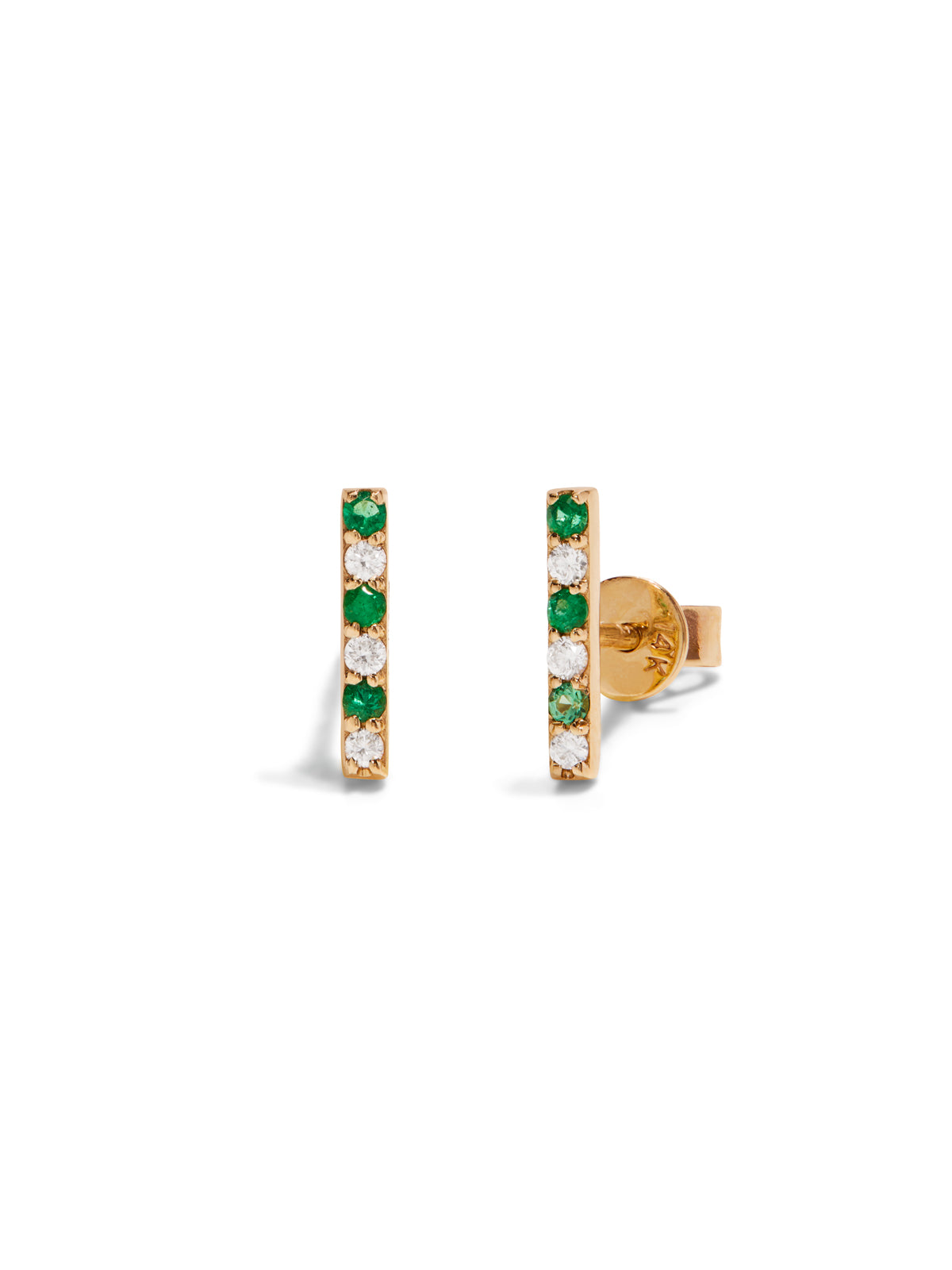 Diamond & Emerald Yellow Gold Bar Stud Earrings