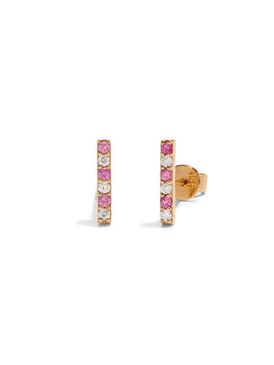 Diamond & Pink Sapphire Yellow Gold Bar Stud Earrings