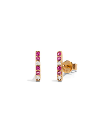 Diamond, Ruby & Pink Sapphire Yellow Gold Bar Stud Earrings