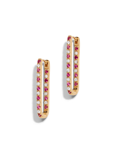 Diamond & Hot Pink Sapphire Large Paperclip Yellow Gold Earrings