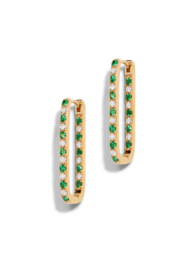 Diamond & Emerald Large Paperclip Yellow Gold Earrings