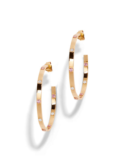 Diamond & Pink Sapphire Ribbon Yellow Gold Hoop Earrings