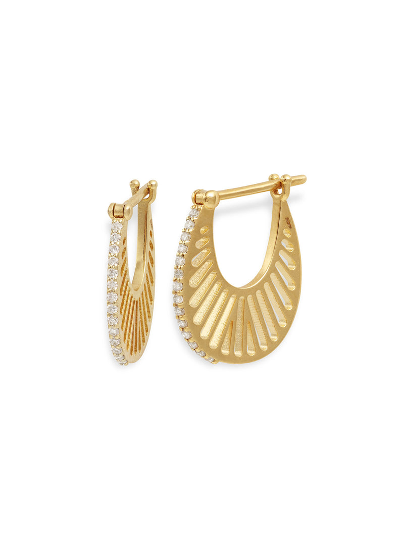 Small Flat Ray Diamond Yellow Gold Hoop Earrings