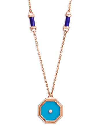Small Hexagon Turquoise Amulets of Light Rose Gold Pendant Necklace