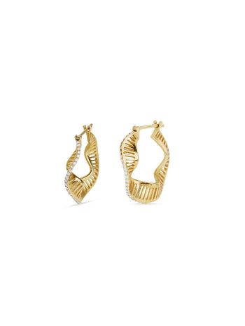 Medium Twisted Rays Diamond Yellow Gold Hoop Earrings