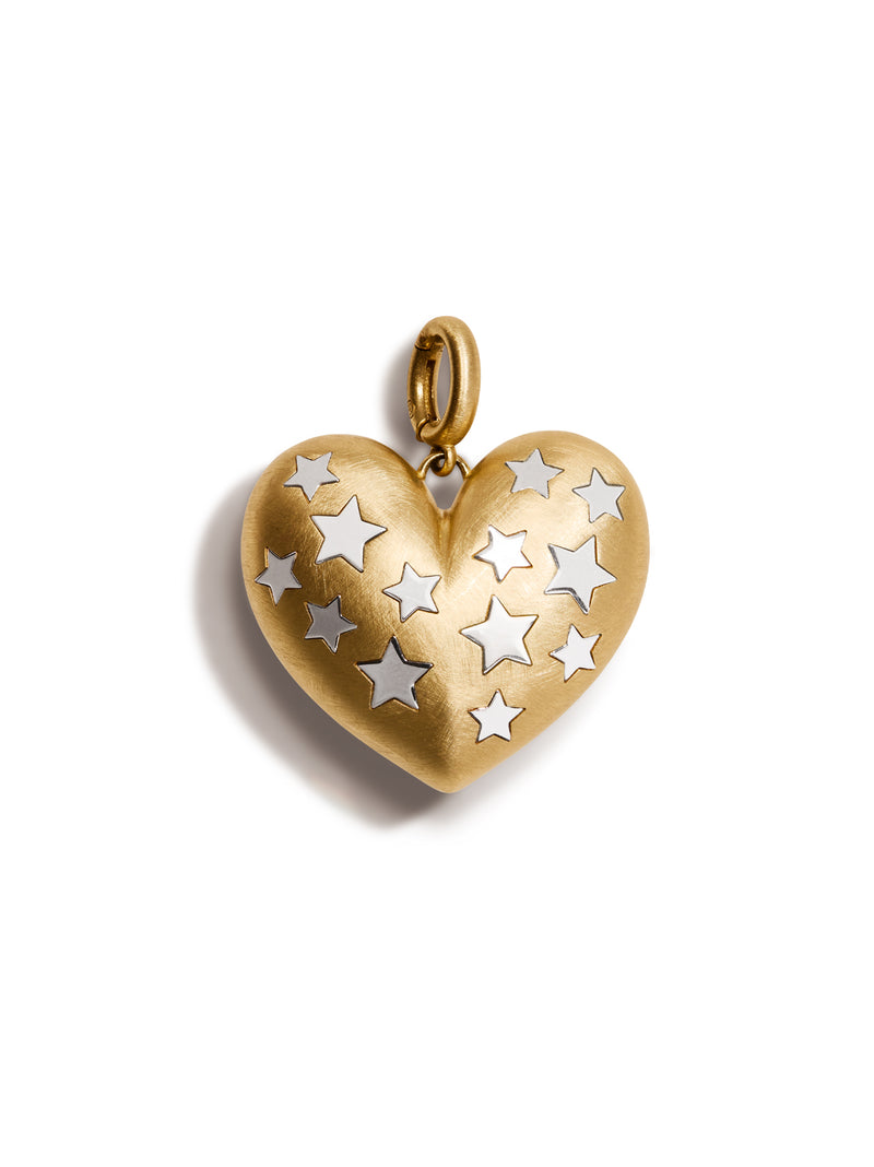 Paulette Brushed Yellow Gold Heart with White Gold Stars Pendant