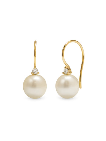 Freshwater Pearl On Diamond Ear Wire Yellow Gold Drop Earrings