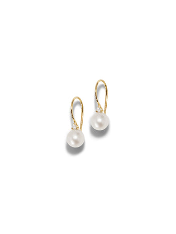 Tiny Pearl On Diamond Ear Wire Yellow Gold Earrings