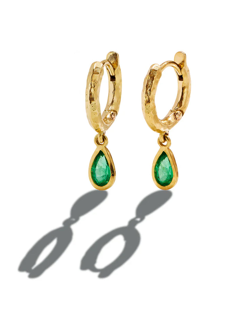 Nano Emerald Pear Charmed Micro Gabby Yellow Gold Hoops