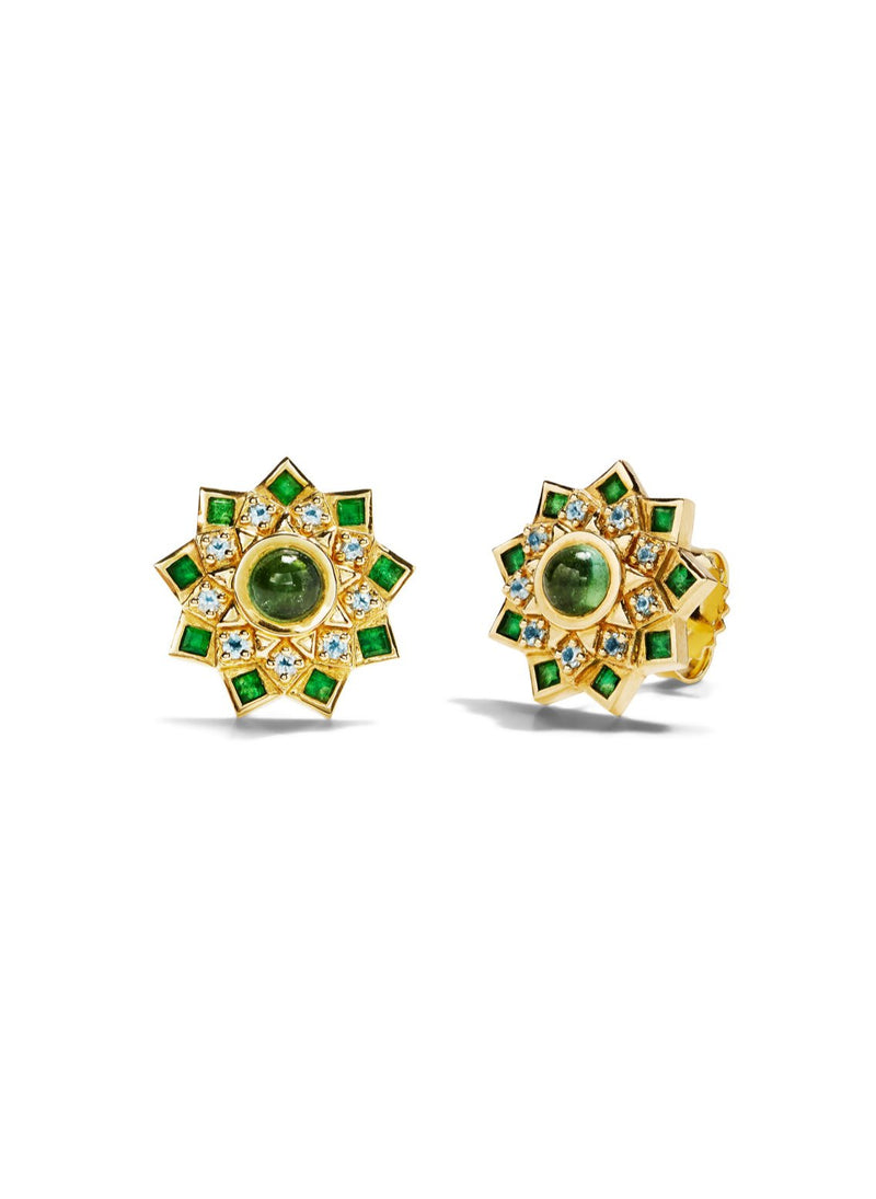 Green Temple Mandala Yellow Gold Stud Earrings