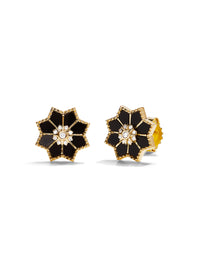 Onyx & Diamond Sacred Flower Yellow Gold Stud Earrings