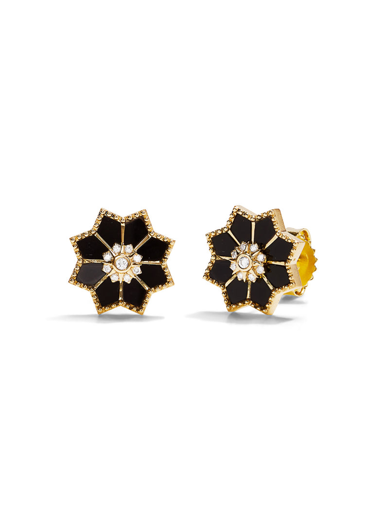 Onyx & Diamond Sacred Flower Yellow Gold Stud Earrings