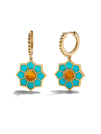 Turquoise & Citrine Fez Huggie Drop Yellow Gold Earrings