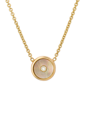 Mini Dark Mother of Pearl and Diamond Compass Yellow Gold Necklace