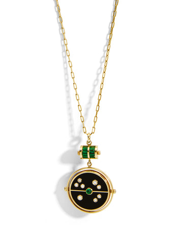 Grandfather Black Onyx and Emerald Compass Yellow Gold Pendant Necklace