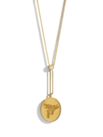 Grandfather Fantasy Flying Pig Yellow Gold Pendant Necklace