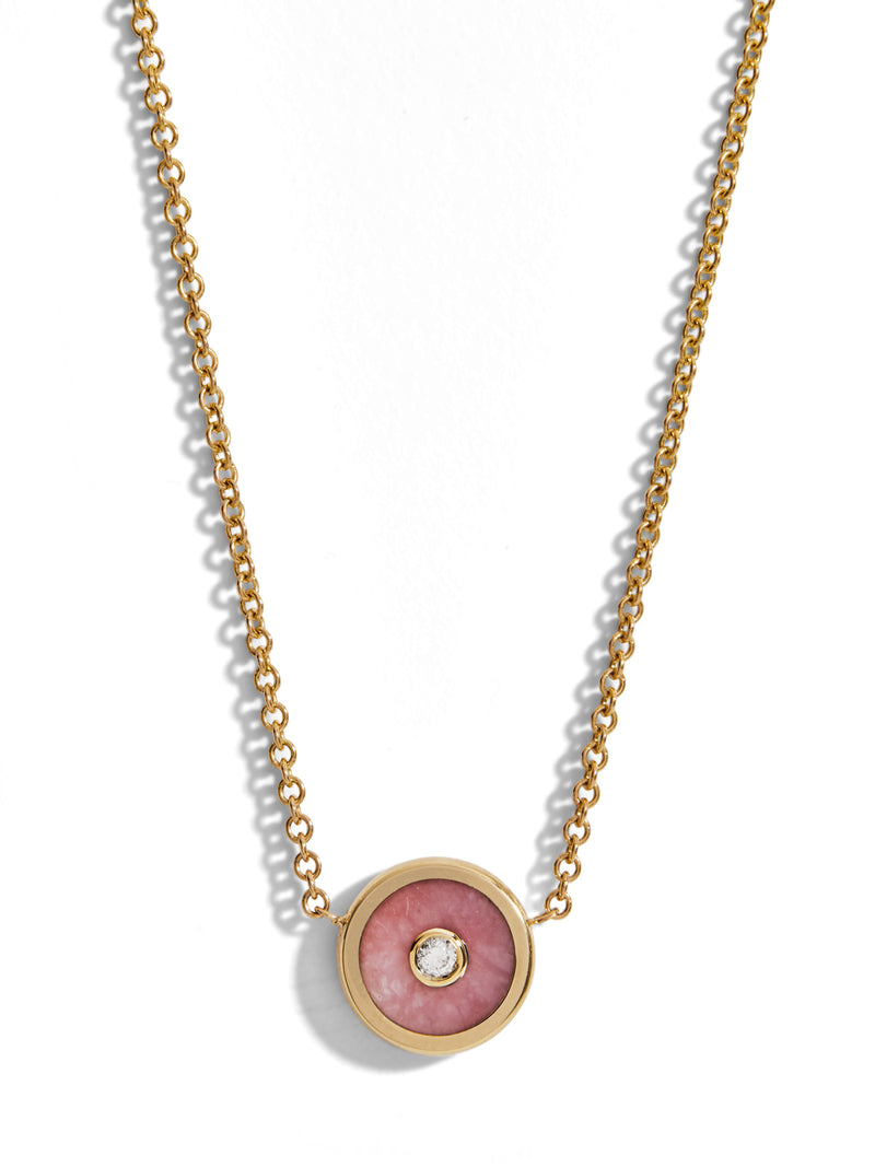 Mini Pink Opal and Diamond Compass Yellow Gold Necklace