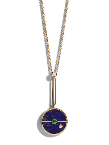 Signature Lapis and Emerald Compass Yellow Gold Pendant Necklace