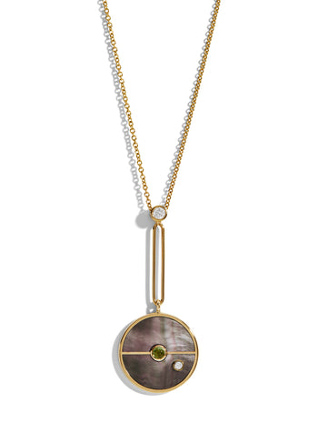 Signature Dark Mother of Pearl and Mint Garnet Compass Yellow Gold Necklace