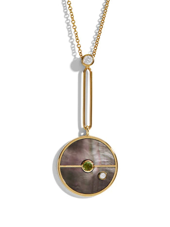 Signature Dark Mother of Pearl and Mint Garnet Compass Yellow Gold Necklace