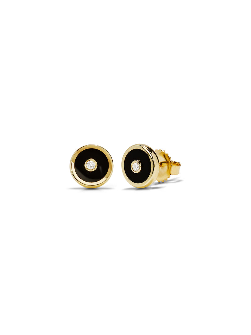 Mini Black Onyx and Diamond Compass Stud Yellow Gold Earrings